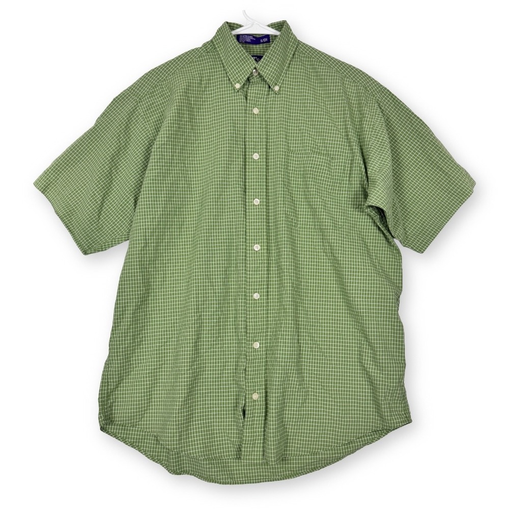 EZs by Haggar Mens Green White Micro Grid Check Short Sleeve Button Down Shirt S